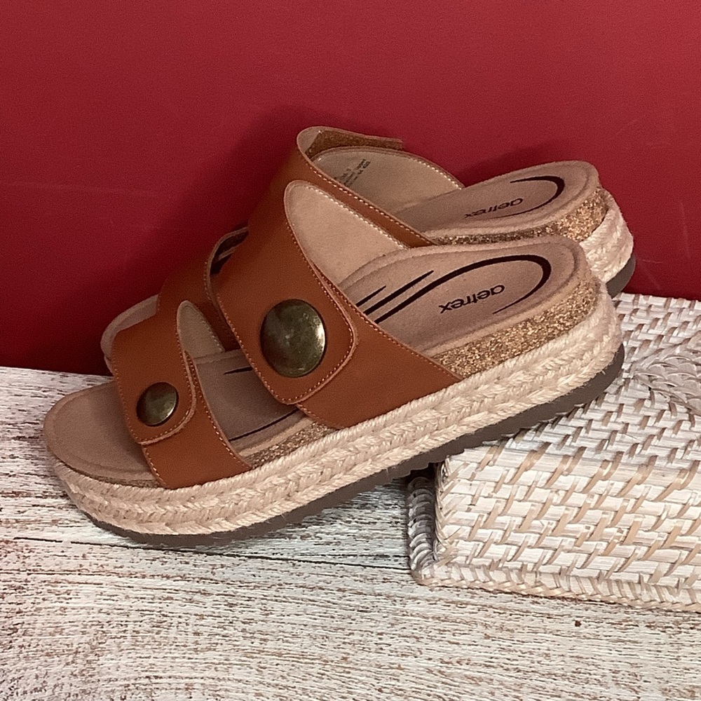 AETREX Sofie Cognac Leather Platform Sandals Jute Trim Arch Support Memo… - Picture 12 of 16